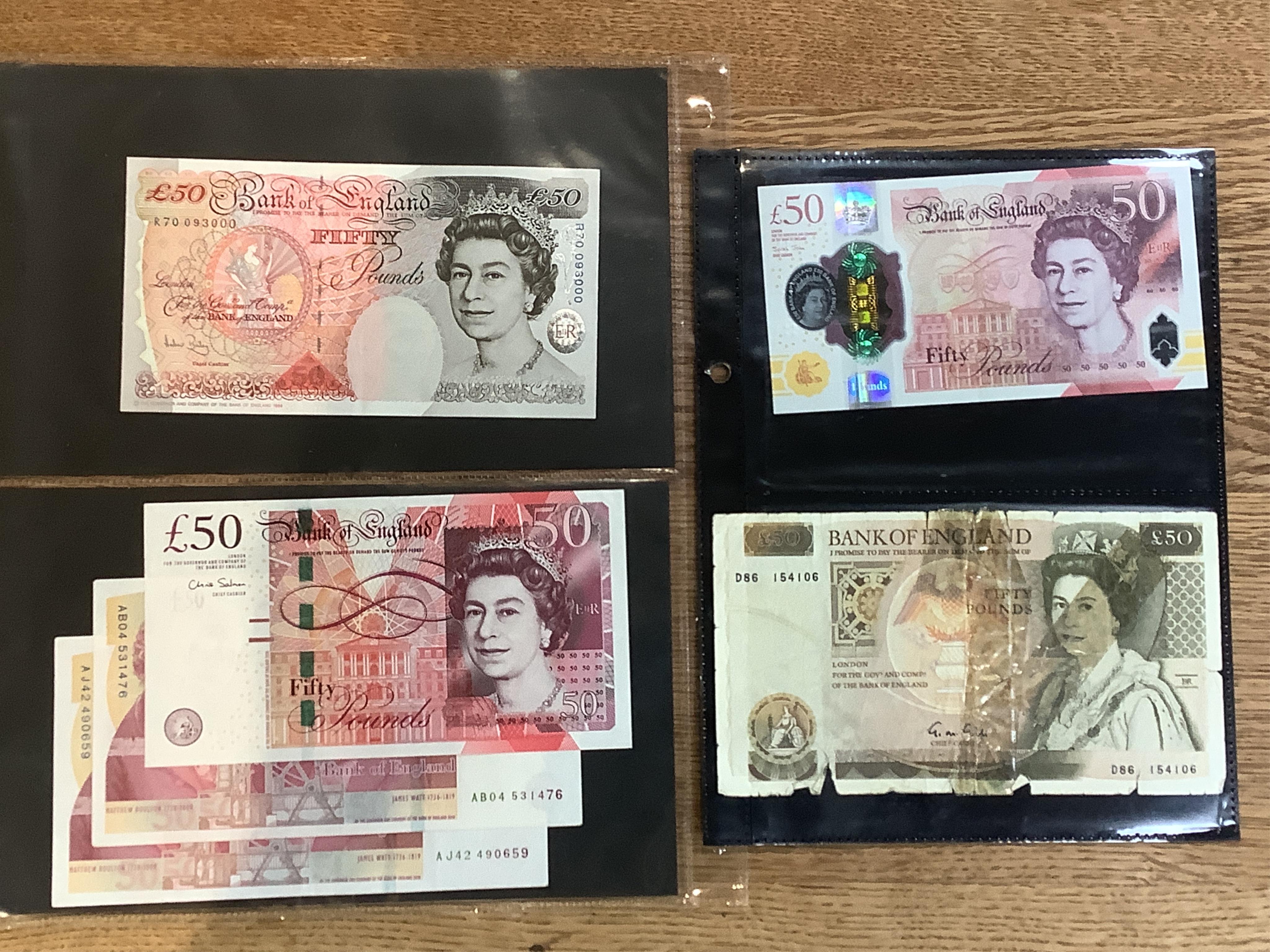 Eight assorted ERII Fifty Pounds banknotes